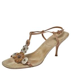 Pre Owned Miu Miu Leather And Suede T Strap Slingback Sandals Size39.5