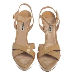 Miu Miu Beige Patent Leather Ankle Strap Platform Sandals Size 38
