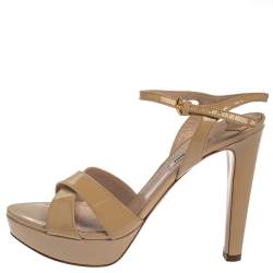 Miu Miu Beige Patent Leather Ankle Strap Platform Sandals Size 38