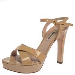 Miu Miu Beige Patent Leather Ankle Strap Platform Sandals Size 38