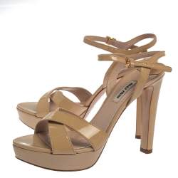 Miu Miu Beige Patent Leather Ankle Strap Platform Sandals Size 38