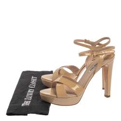 Miu Miu Beige Patent Leather Ankle Strap Platform Sandals Size 38