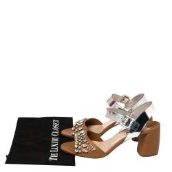 مملوكة مسبقًا Miu Miu Brown/Silver Leather Crystal Embellished Block Heel Ankle Strap Sandals Size 40