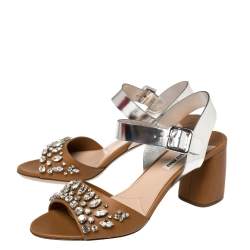مملوكة مسبقًا Miu Miu Brown/Silver Leather Crystal Embellished Block Heel Ankle Strap Sandals Size 40