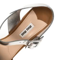 مملوكة مسبقًا Miu Miu Brown/Silver Leather Crystal Embellished Block Heel Ankle Strap Sandals Size 40