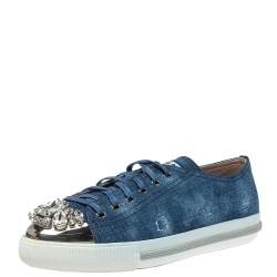 Pre Owned Miu Miu Blue Denim Fabric Embellished Cap Toe Sneakers Size 40