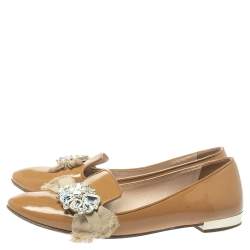 Pre Owned Miu Miu Beige Patent Leather Crystal Embellished Ballet Flats Size 38