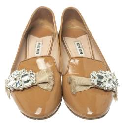 Pre Owned Miu Miu Beige Patent Leather Crystal Embellished Ballet Flats Size 38