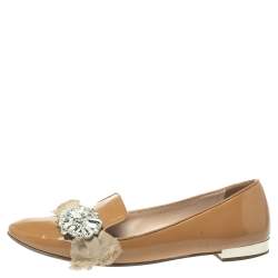 Pre Owned Miu Miu Beige Patent Leather Crystal Embellished Ballet Flats Size 38