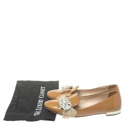 Pre Owned Miu Miu Beige Patent Leather Crystal Embellished Ballet Flats Size 38