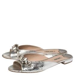 Pre Owned Miu Miu Metallic Silver Embossed Python Leather Crystal Embellished Flat Slides Size 39.5