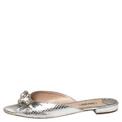 Pre Owned Miu Miu Metallic Silver Embossed Python Leather Crystal Embellished Flat Slides Size 39.5