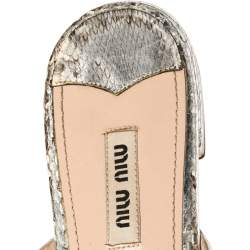 Pre Owned Miu Miu Metallic Silver Embossed Python Leather Crystal Embellished Flat Slides Size 39.5