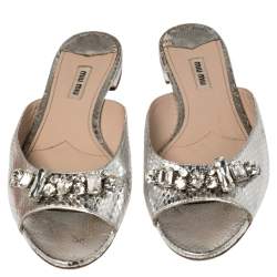 Pre Owned Miu Miu Metallic Silver Embossed Python Leather Crystal Embellished Flat Slides Size 39.5