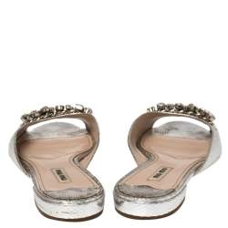 Pre Owned Miu Miu Metallic Silver Embossed Python Leather Crystal Embellished Flat Slides Size 39.5