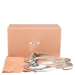 Pre Owned Miu Miu Metallic Silver Embossed Python Leather Crystal Embellished Flat Slides Size 39.5
