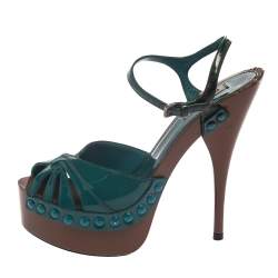 Pre Owned Miu Miu Green Patent Leather Platform Peep Toe Pump Slingback Size 36