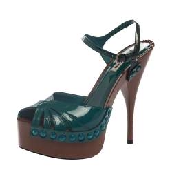 Pre Owned Miu Miu Green Patent Leather Platform Peep Toe Pump Slingback Size 36