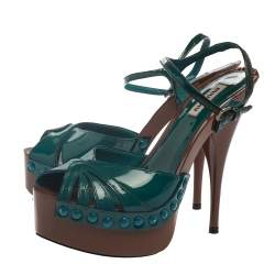 Pre Owned Miu Miu Green Patent Leather Platform Peep Toe Pump Slingback Size 36