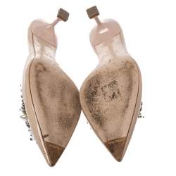 Pre Owned Miu Miu Beige Patent Leather Faux Pearl Embellished Pointed Toe Mules Size 37.5