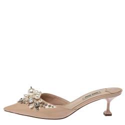Pre Owned Miu Miu Beige Patent Leather Faux Pearl Embellished Pointed Toe Mules Size 37.5