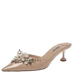Pre Owned Miu Miu Beige Patent Leather Faux Pearl Embellished Pointed Toe Mules Size 37.5