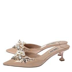 Pre Owned Miu Miu Beige Patent Leather Faux Pearl Embellished Pointed Toe Mules Size 37.5