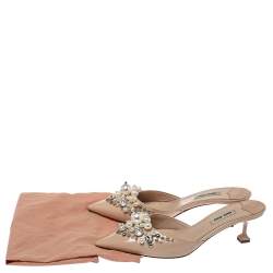 Pre Owned Miu Miu Beige Patent Leather Faux Pearl Embellished Pointed Toe Mules Size 37.5