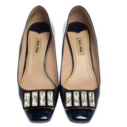 Pre Owned Miu Miu Blue Patent Leather Crystal Embellished Pumps Size 38