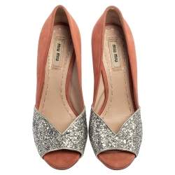 Miu Miu Silver/Pink Coarse Glitter and Suede Peep Toe Pumps Size 37