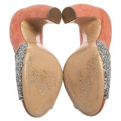 Miu Miu Silver/Pink Coarse Glitter and Suede Peep Toe Pumps Size 37