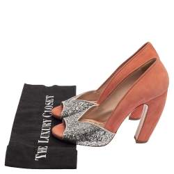 Miu Miu Silver/Pink Coarse Glitter and Suede Peep Toe Pumps Size 37