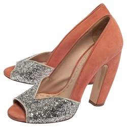 Miu Miu Silver/Pink Coarse Glitter and Suede Peep Toe Pumps Size 37