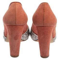 Miu Miu Silver/Pink Coarse Glitter and Suede Peep Toe Pumps Size 37