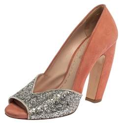 Miu Miu Silver/Pink Coarse Glitter and Suede Peep Toe Pumps Size 37