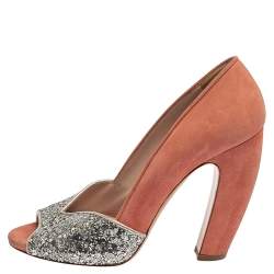 Miu Miu Silver/Pink Coarse Glitter and Suede Peep Toe Pumps Size 37