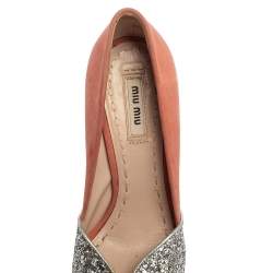 Miu Miu Silver/Pink Coarse Glitter and Suede Peep Toe Pumps Size 37