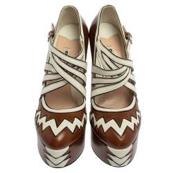 Pre Owned Miu Miu Brown/White Leather Mary Jane Strap Pumps Size 38