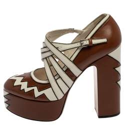 Pre Owned Miu Miu Brown/White Leather Mary Jane Strap Pumps Size 38