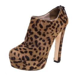 Miu Miu Brown Leopard Print Calf Hair Platform Booties Size 38