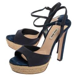 مملوكة مسبقًا Miu Miu Blue Fabric Platform Espadrille Sandals Size 38