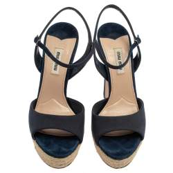 مملوكة مسبقًا Miu Miu Blue Fabric Platform Espadrille Sandals Size 38