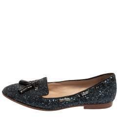 Miu Miu Blue Glitter And Leather Tassel Smoking Loafer Size 38.5