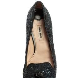 Miu Miu Blue Glitter And Leather Tassel Smoking Loafer Size 38.5
