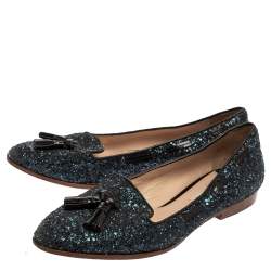 Miu Miu Blue Glitter And Leather Tassel Smoking Loafer Size 38.5