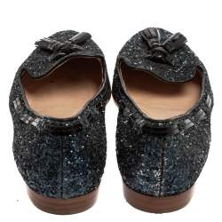 Miu Miu Blue Glitter And Leather Tassel Smoking Loafer Size 38.5