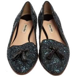 Miu Miu Blue Glitter And Leather Tassel Smoking Loafer Size 38.5