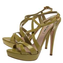 Miu Miu Green Patent Leather Criss Cross Ankle Strap Platform Sandals Size 41.5