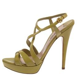 Miu Miu Green Patent Leather Criss Cross Ankle Strap Platform Sandals Size 41.5