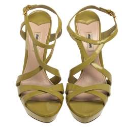 Miu Miu Green Patent Leather Criss Cross Ankle Strap Platform Sandals Size 41.5